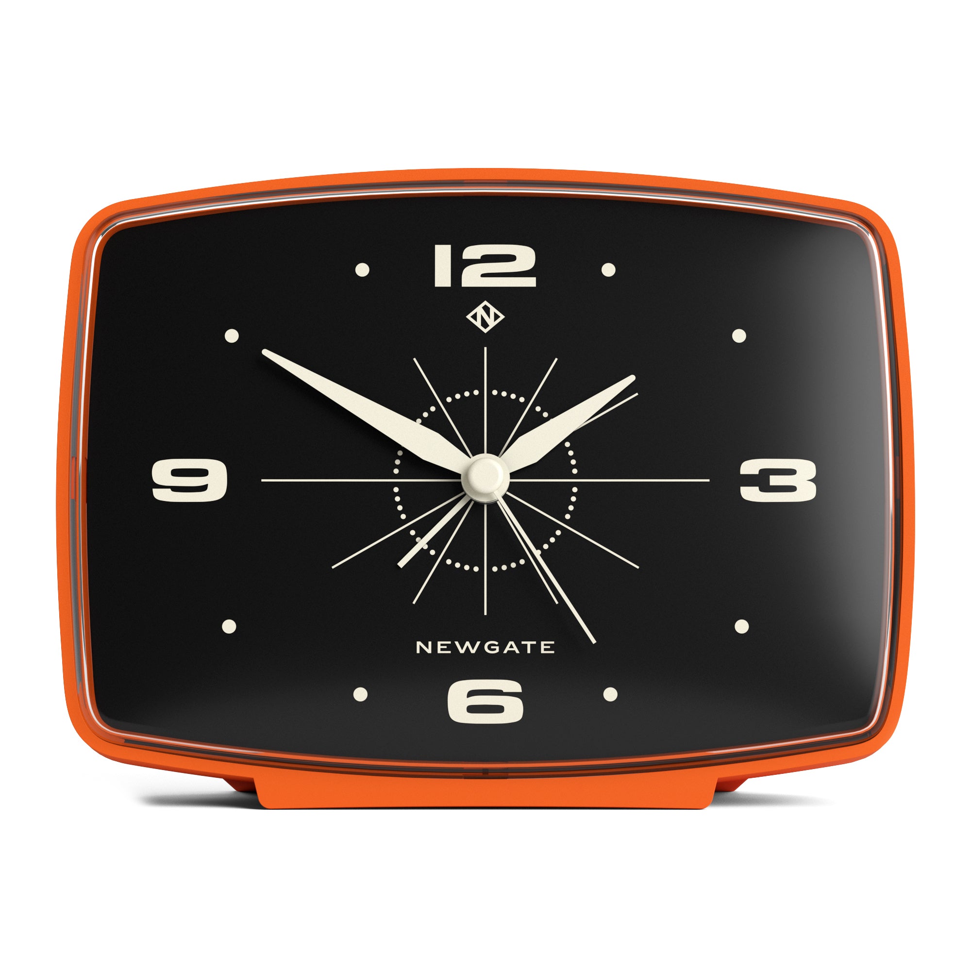 Orange alarm clock with black dial, white clock hands and numerals, curved bezel