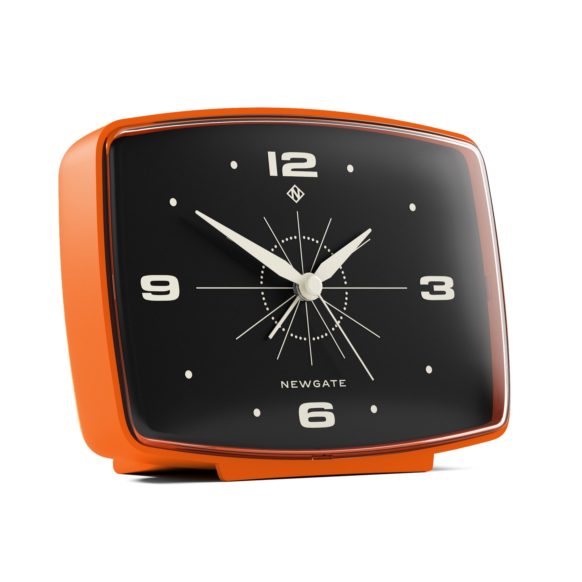 Orange alarm clock with black dial and white numerals, angled front view