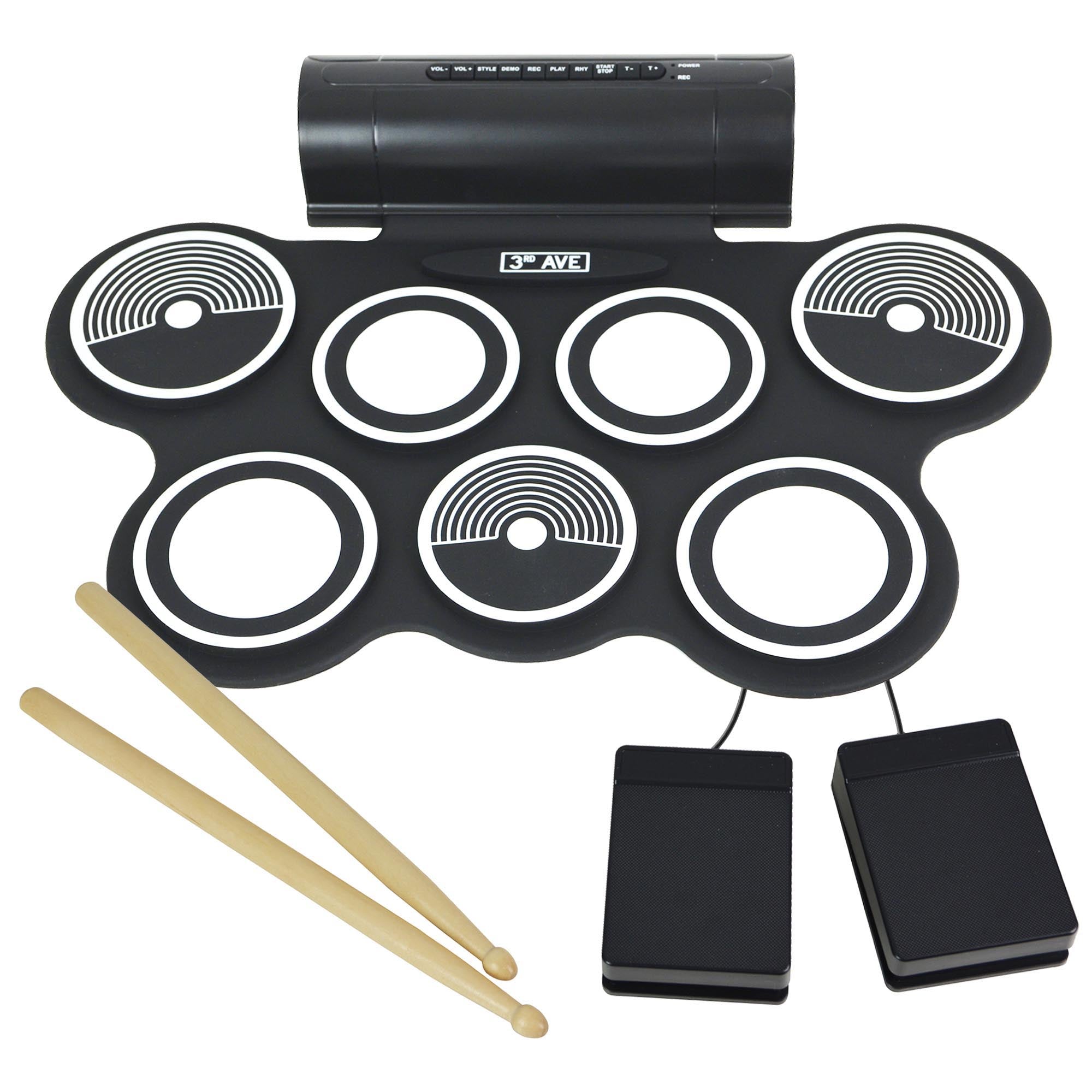 Roll-up electronic drum kit with 8 drum pads, two pedals, two drumsticks, speaker unit