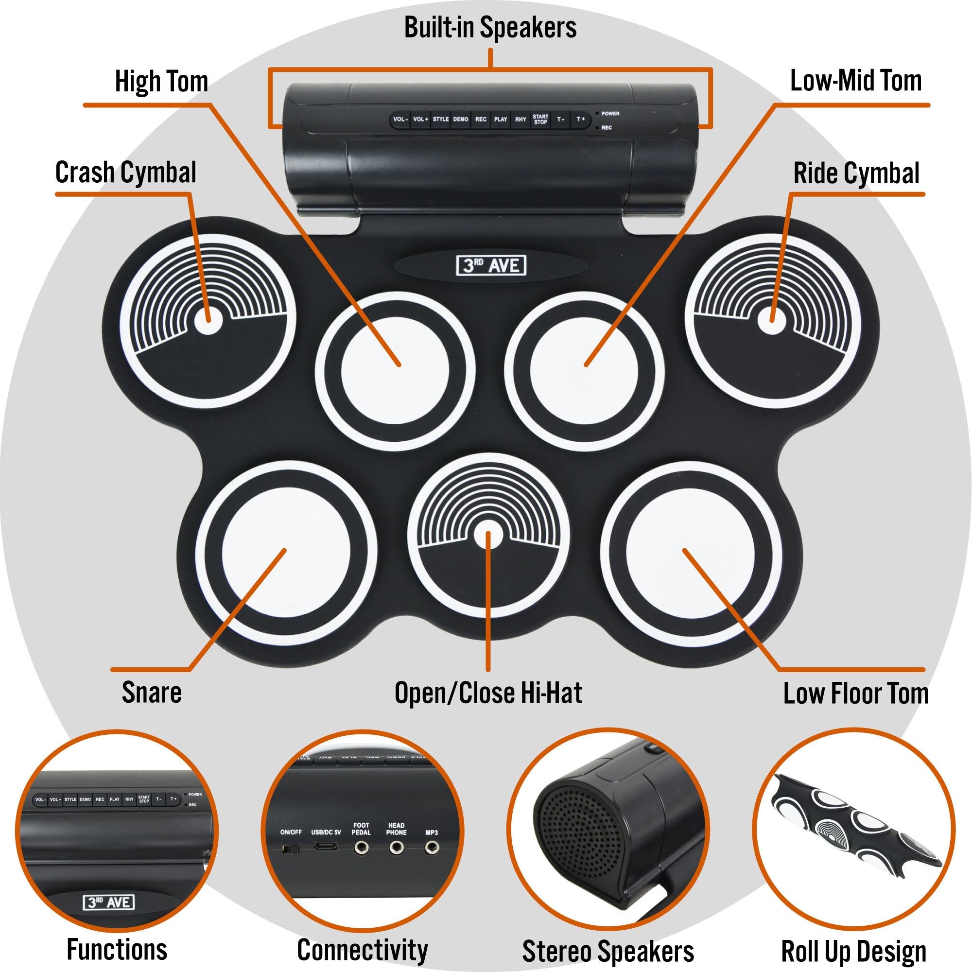 Roll-up electronic drum kit layout with built-in speakers and multiple drum pads