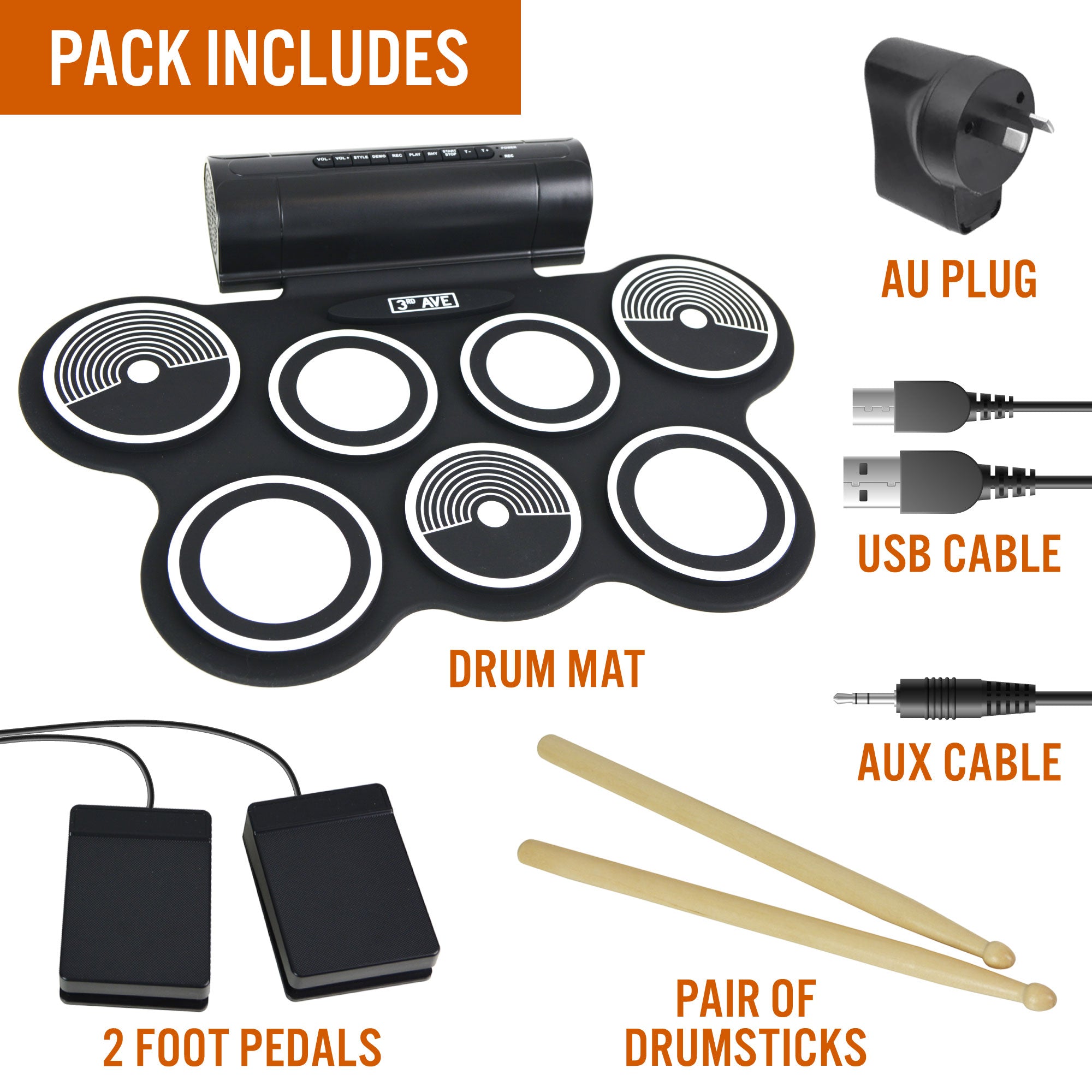 Roll-up drum kit bundle: drum mat, roll unit, pedals, drumsticks, USB & aux cables
