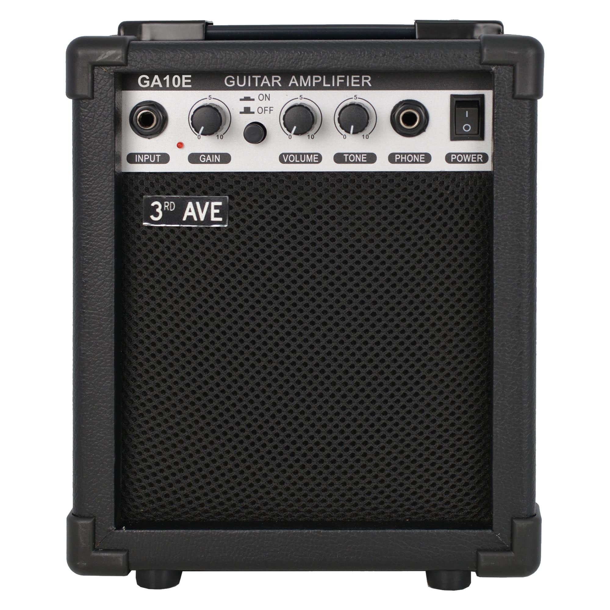 10W guitar amplifier with front grille, control knobs, and headphone/power ports, black