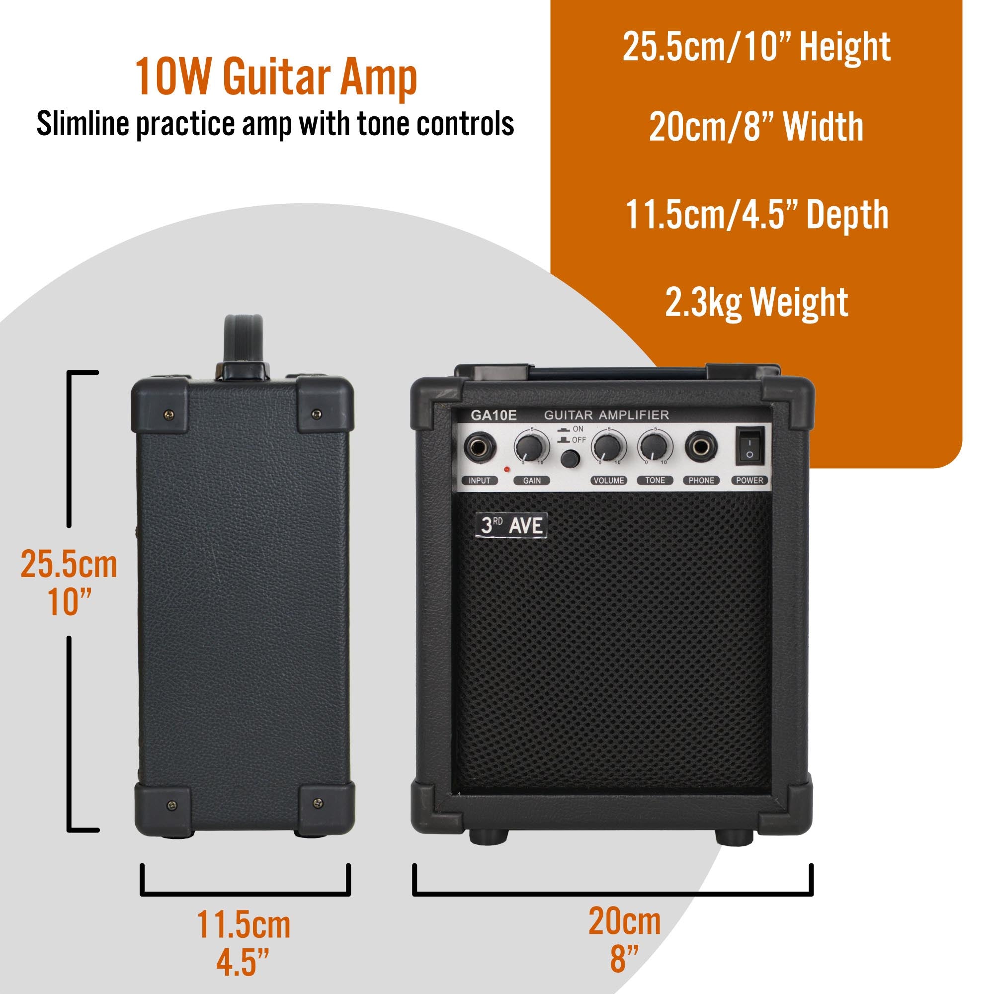 Compact 10W guitar amp with front grille and control panel, shown with size diagram, black