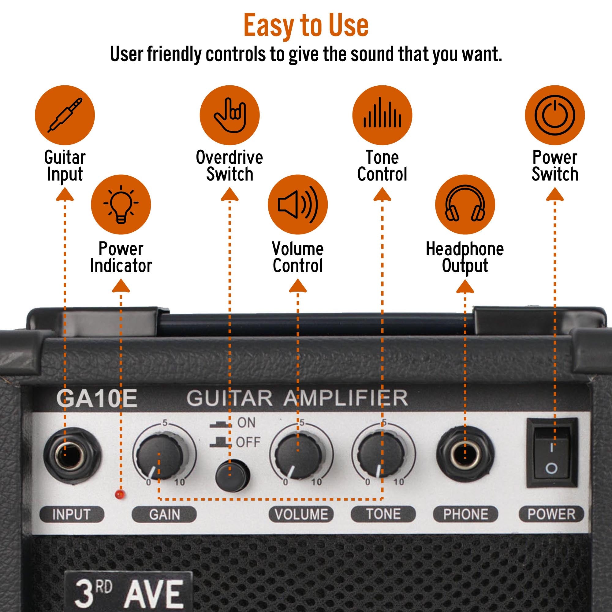10W guitar amplifier front controls with guitar input, tone/volume knobs, headphone output, power switch