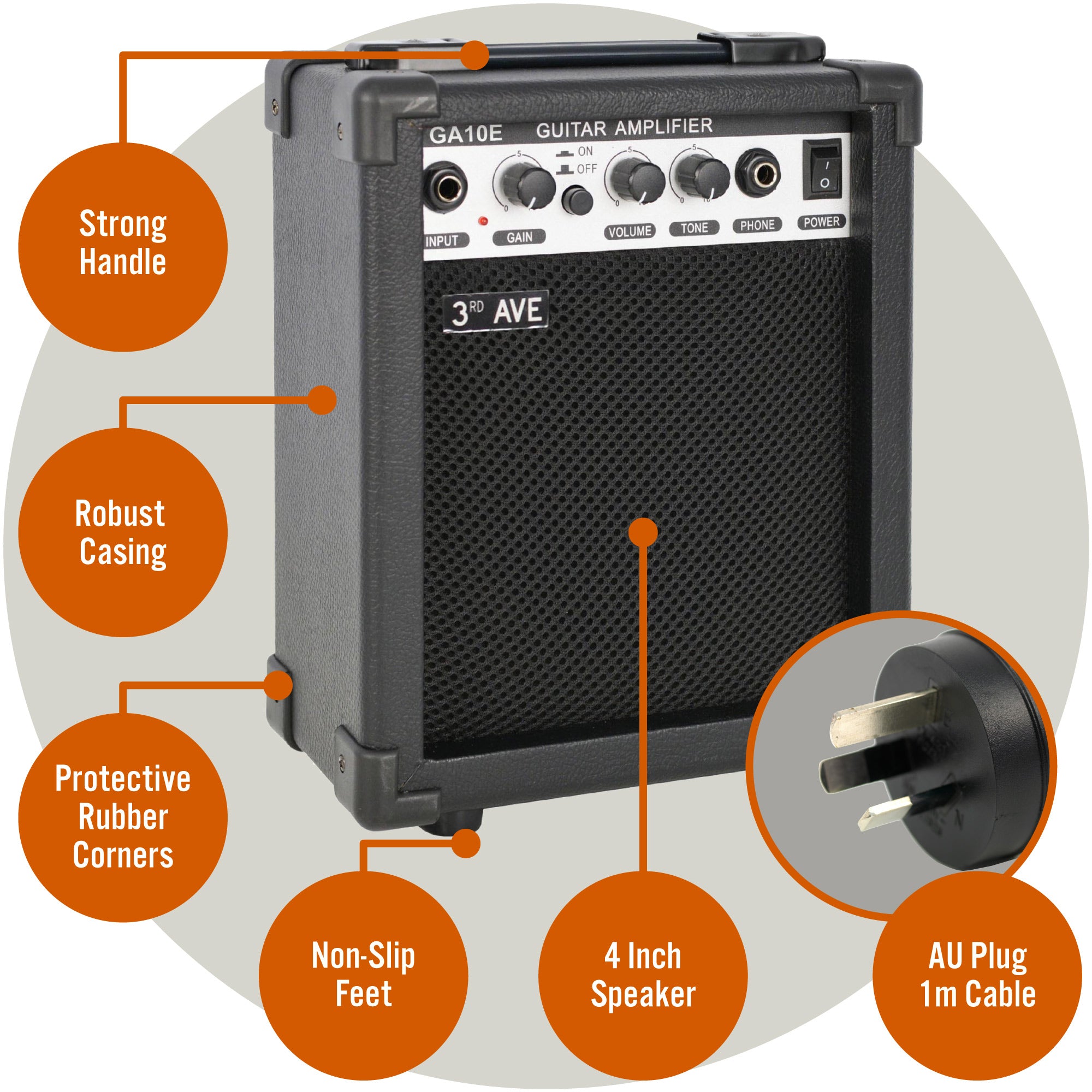 10W guitar amplifier with rugged handle, rubber corners, non-slip feet, and 4 inch speaker, black