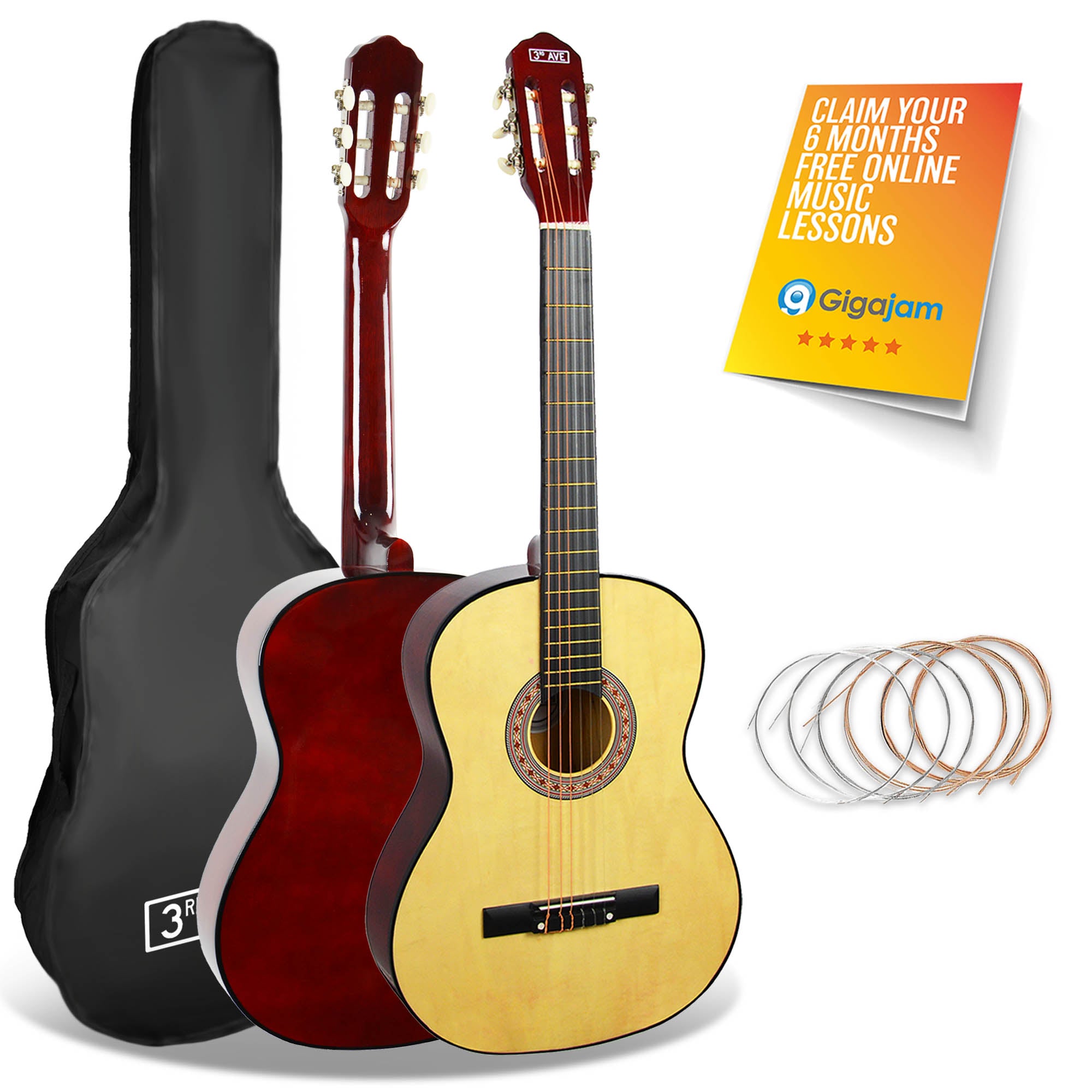 Natural full-size classical guitar set with black carry bag and spare strings
