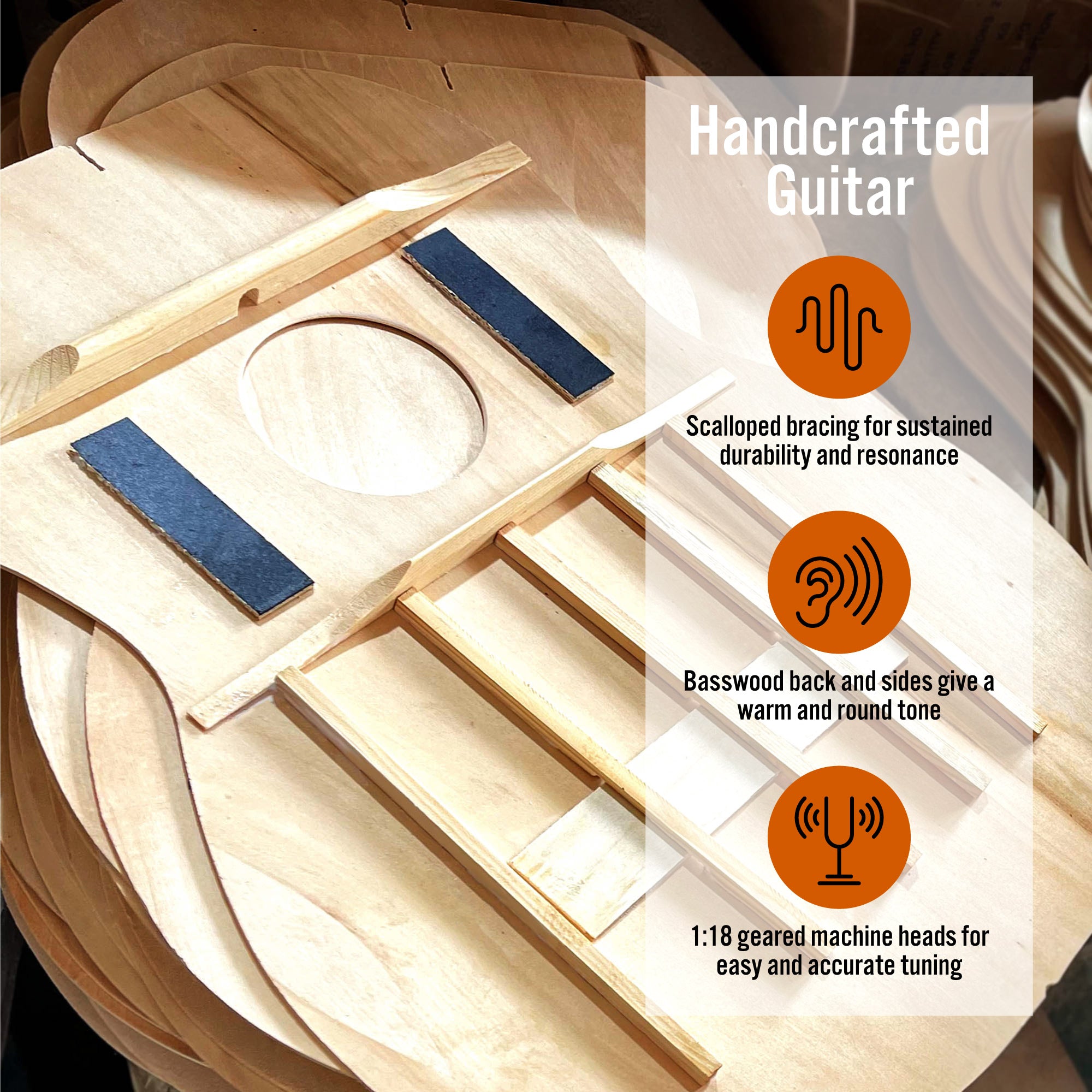 Handcrafted classical guitar body with carved braces and wood interior details