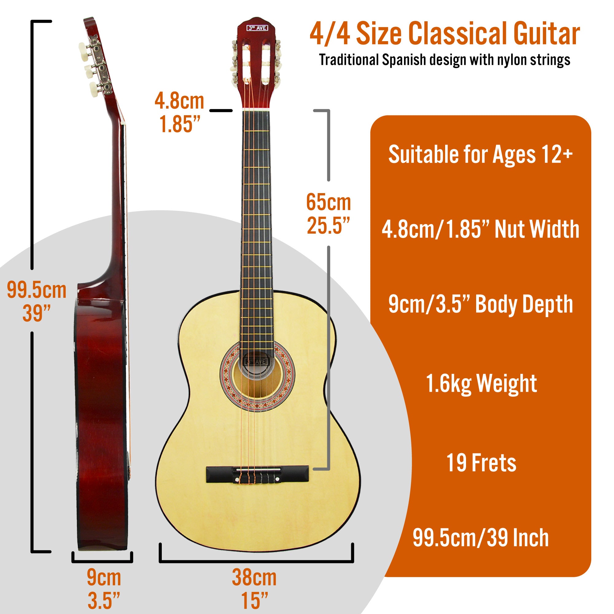 4/4 size classical guitar diagram showing natural body and key dimensions