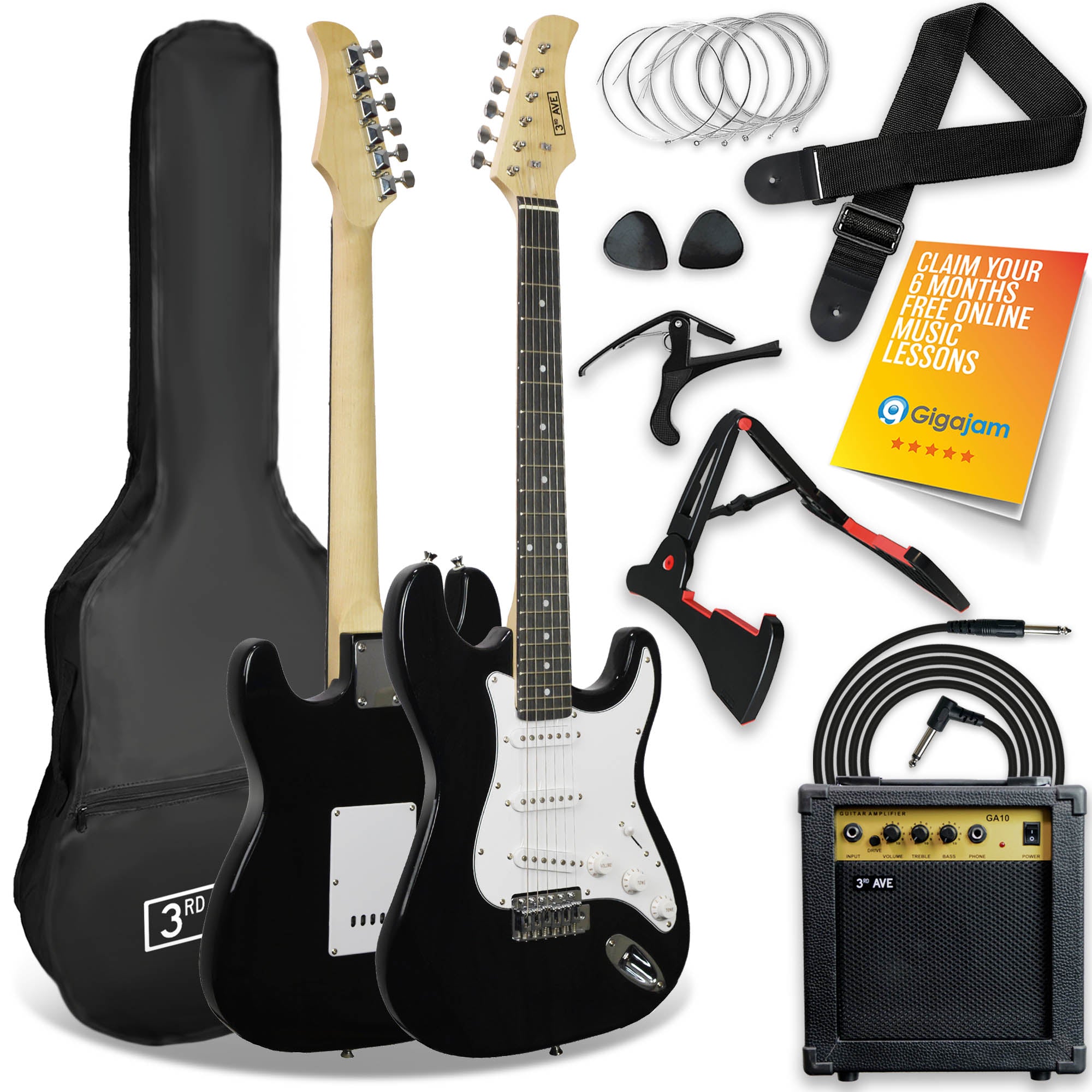 Black electric guitar with accessories, including an amp, strap, and cable