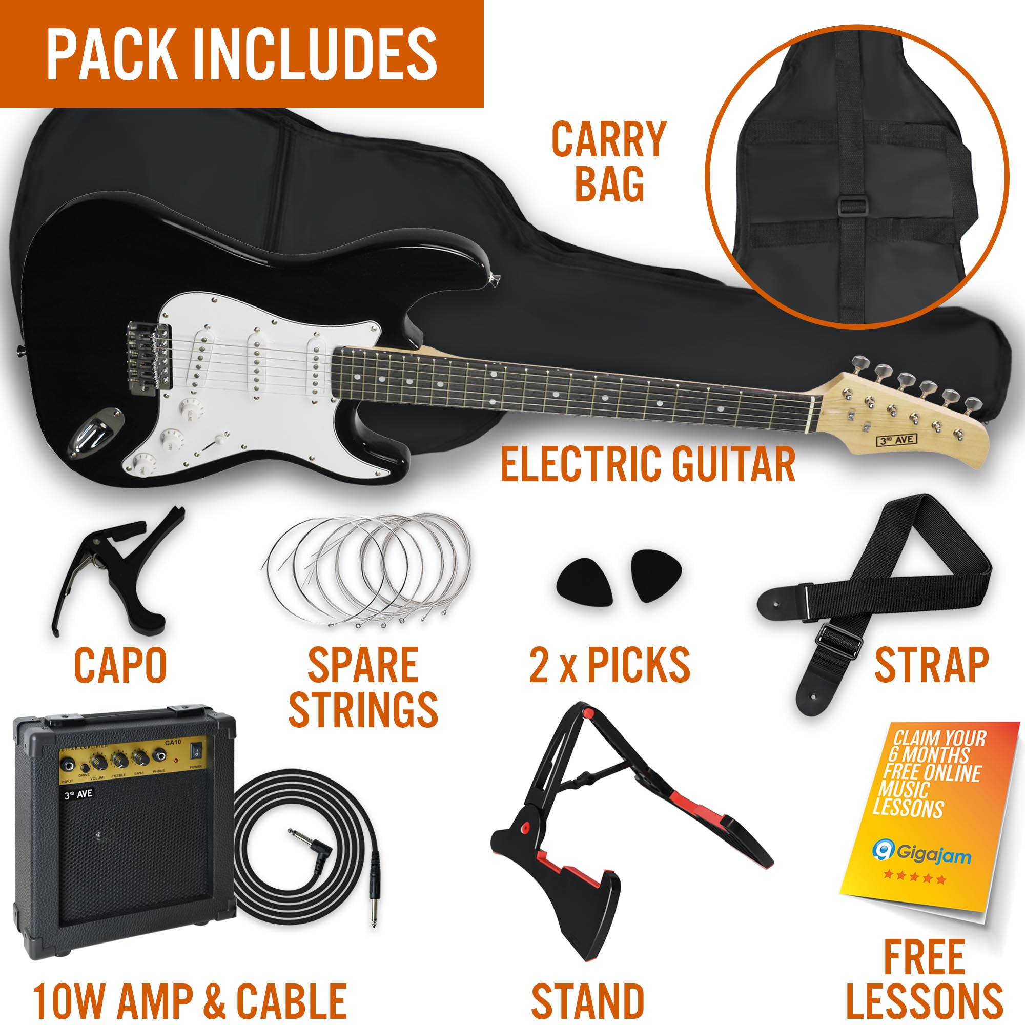 Electric guitar starter kit with carry bag, strap, amp, and cable