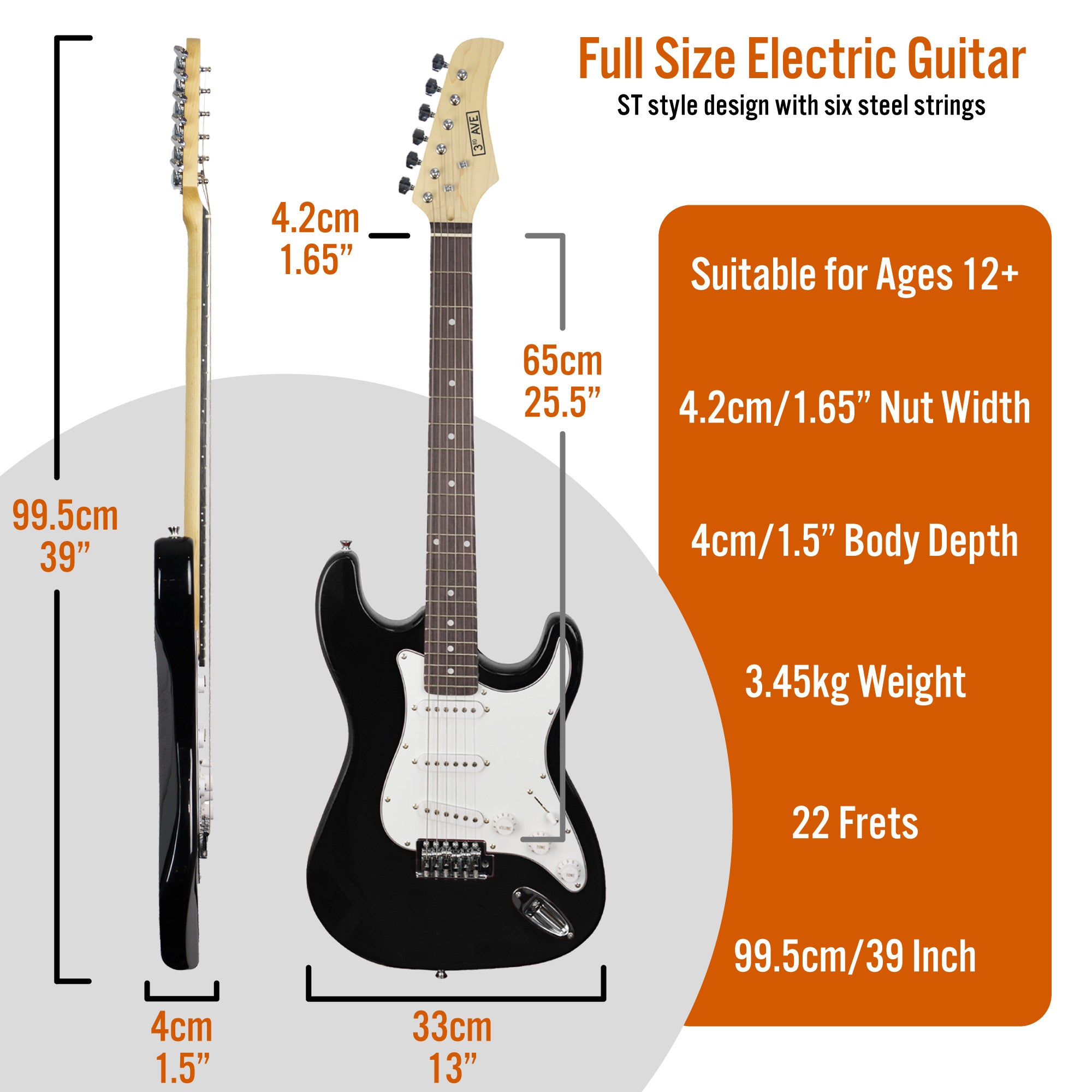 Black electric guitar diagram with measurements and 22-fret design