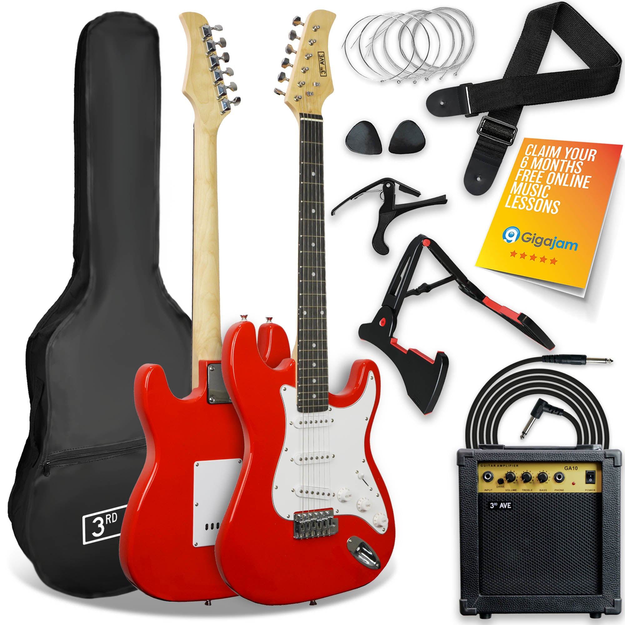 Red electric guitar pack with gig bag, cable, strap, picks, stand, and amp
