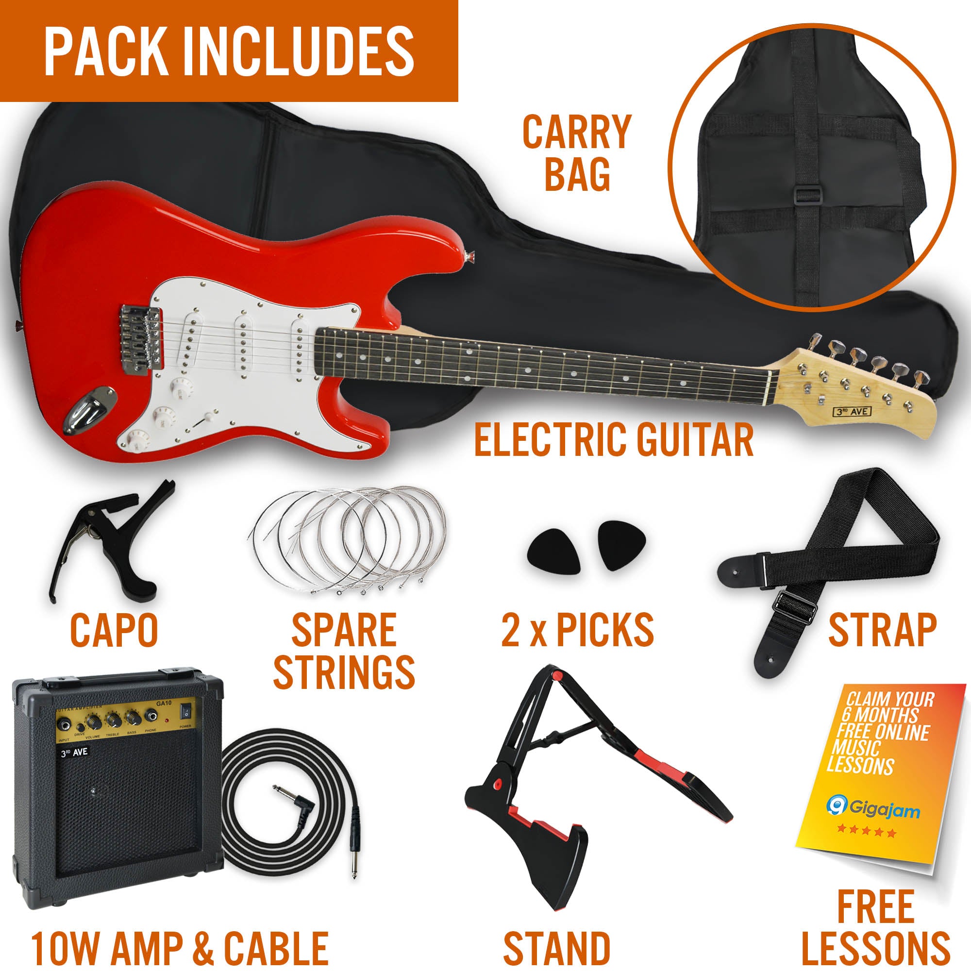 Electric guitar pack contents: red guitar, carry bag, strap, capo, picks, amp, cable
