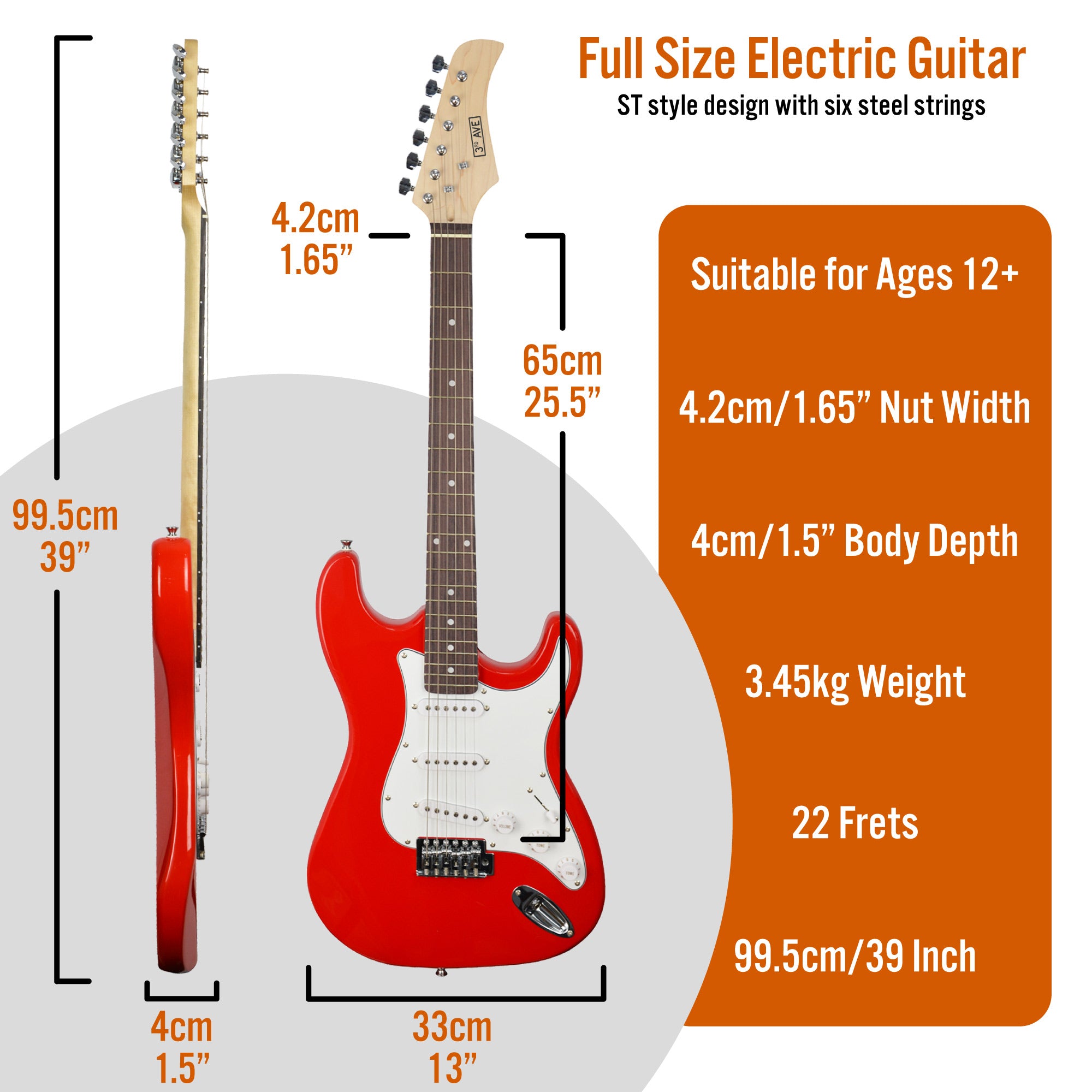 Red electric guitar with body measurements shown on a diagram