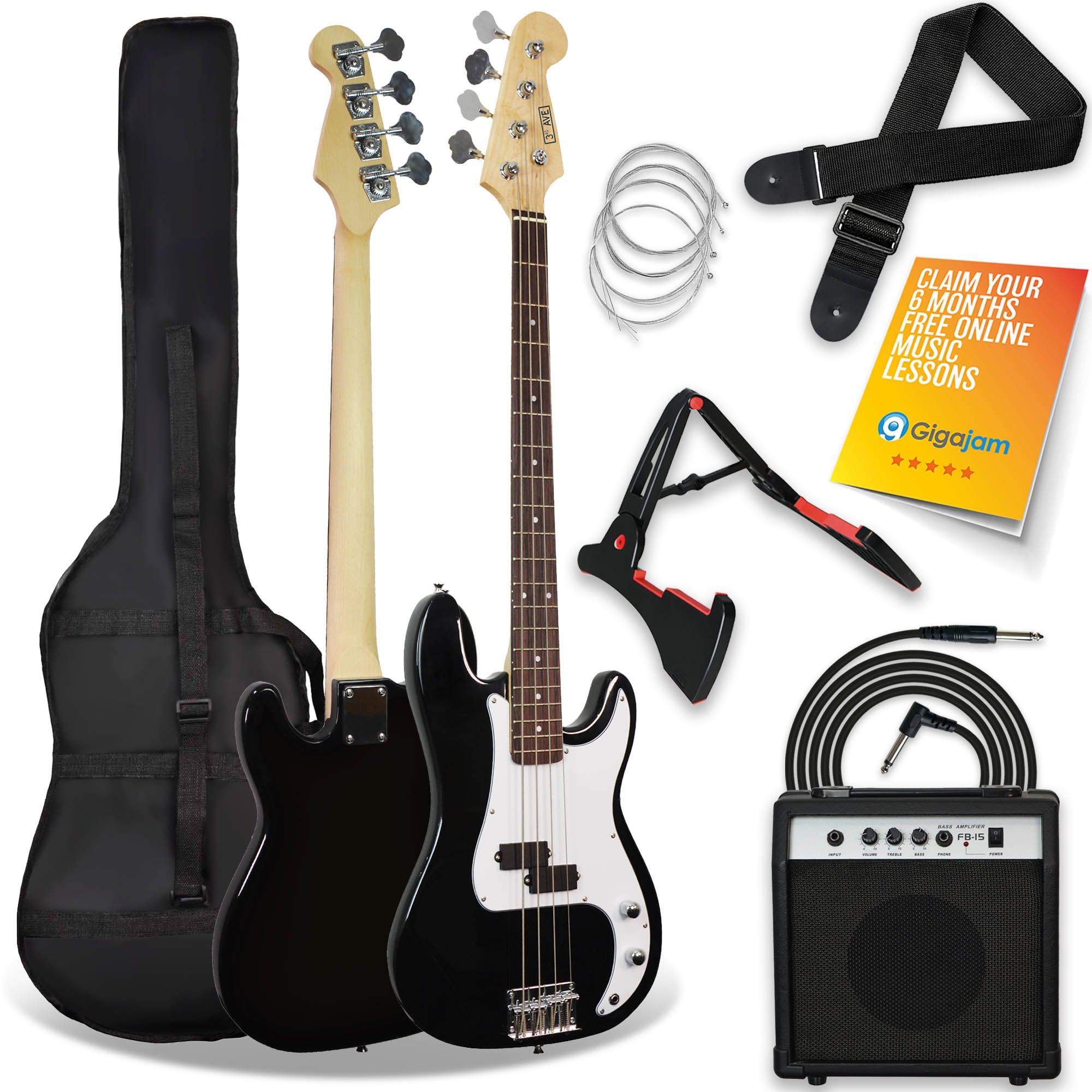 Black bass guitar with strap, cable, spare strings, and gig bag