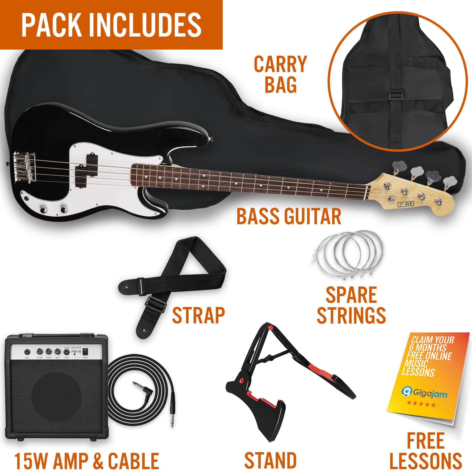 Bass guitar starter kit with gig bag, strap, spare strings, amp, and cable