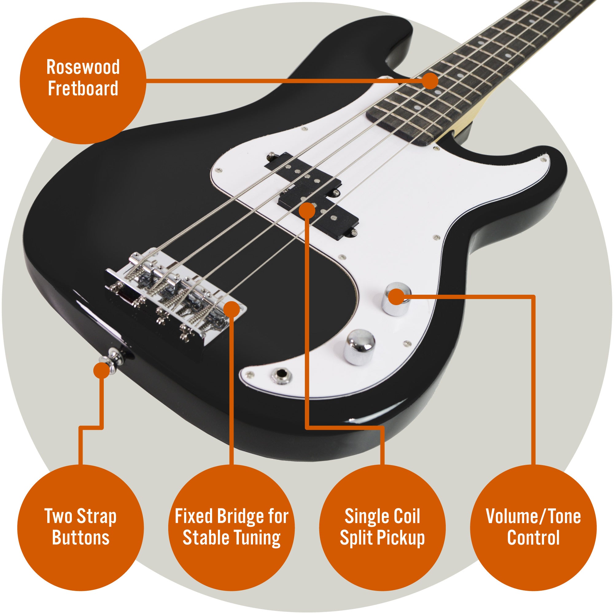 Black-and-white electric bass guitar diagram showing pickup and controls