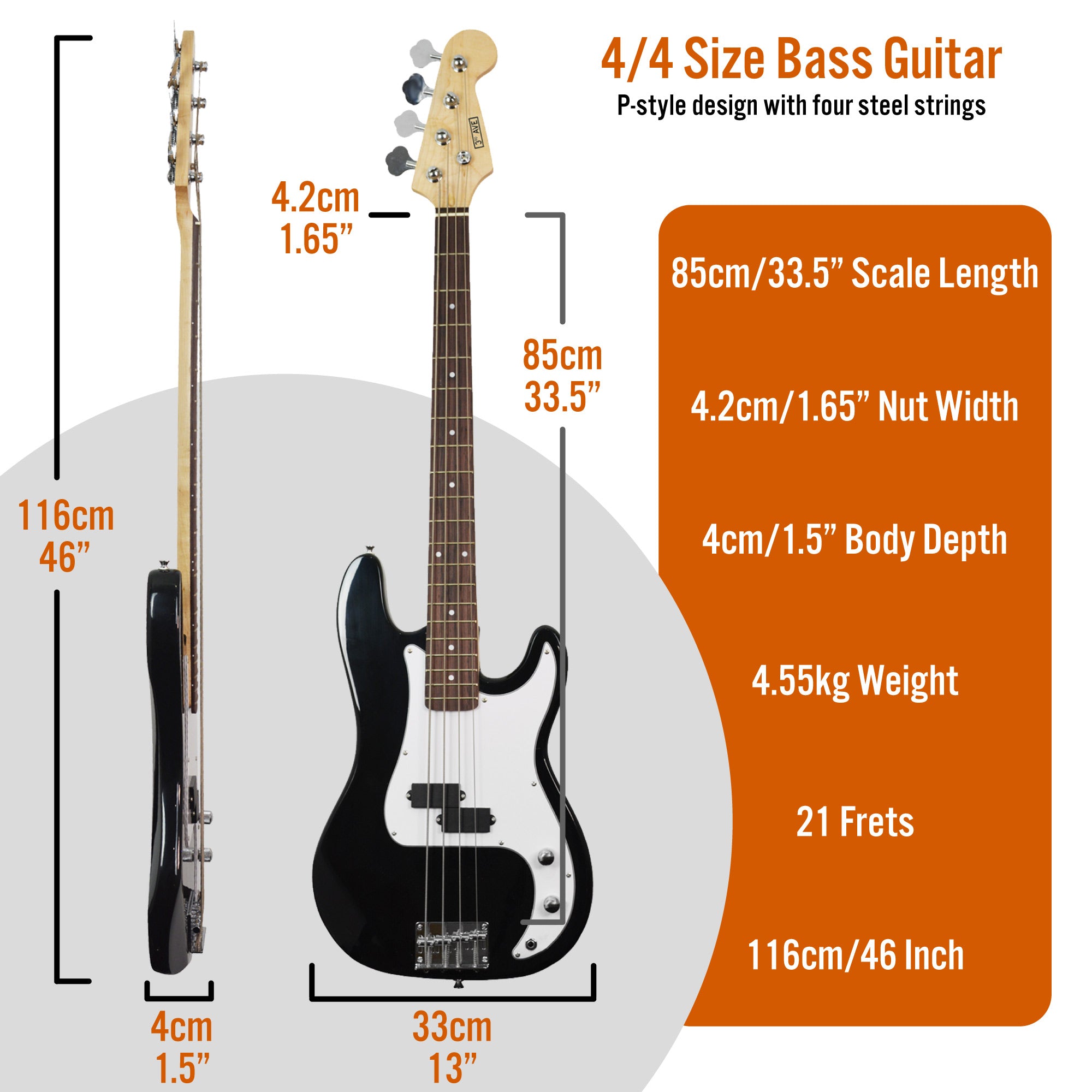4/4-size bass guitar size chart with 21 frets and body measurements
