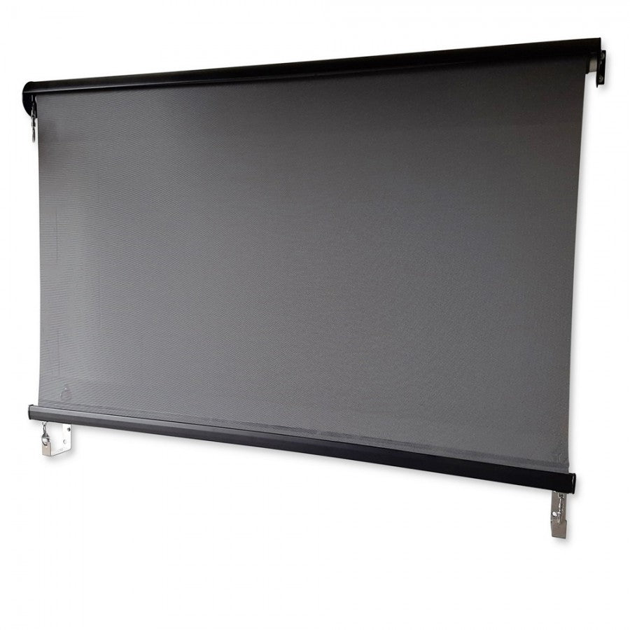 Outdoor roller sun screen blind with gray mesh fabric and black aluminum hood