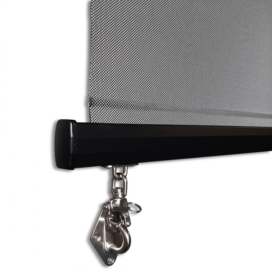 Roller sun screen blind black end bracket with hook latch and gray mesh fabric