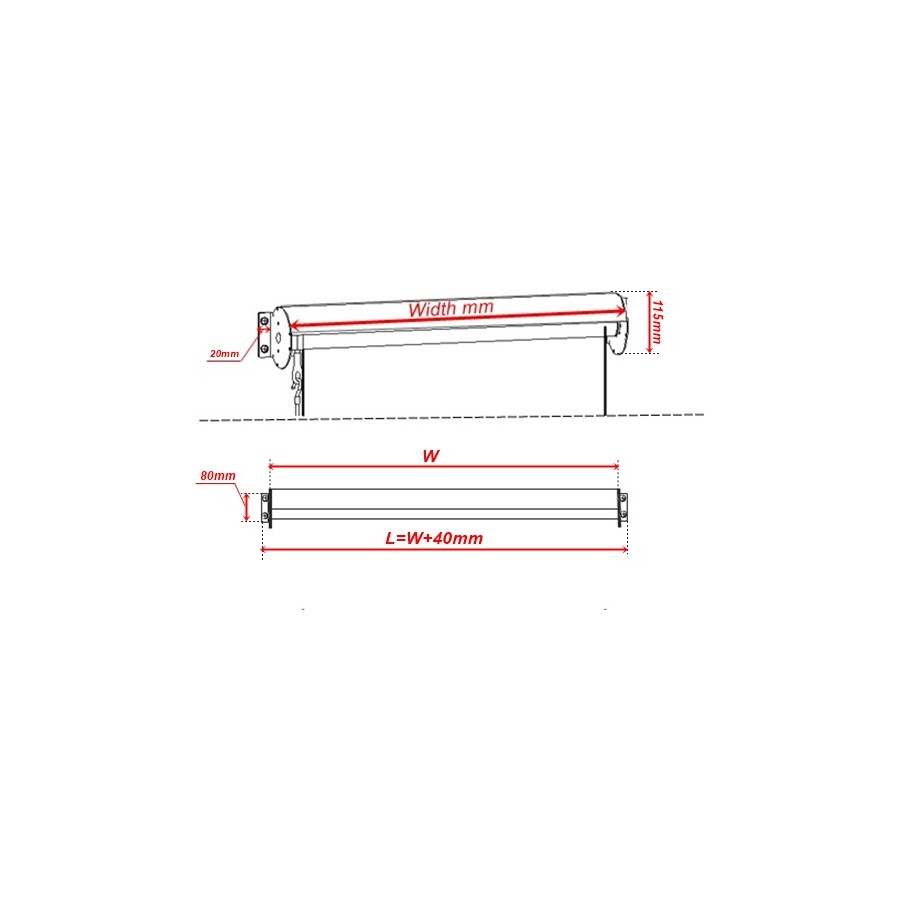 Roller blind dimensions diagram with width and drop measurements for the awning