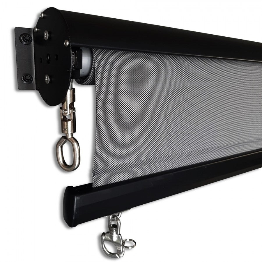 Outdoor sun screen roller blind head with black mounting brackets and metal chain hooks