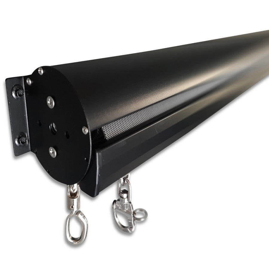 Aluminium hood roller blind with black roller bar and twin metal chain pull hooks