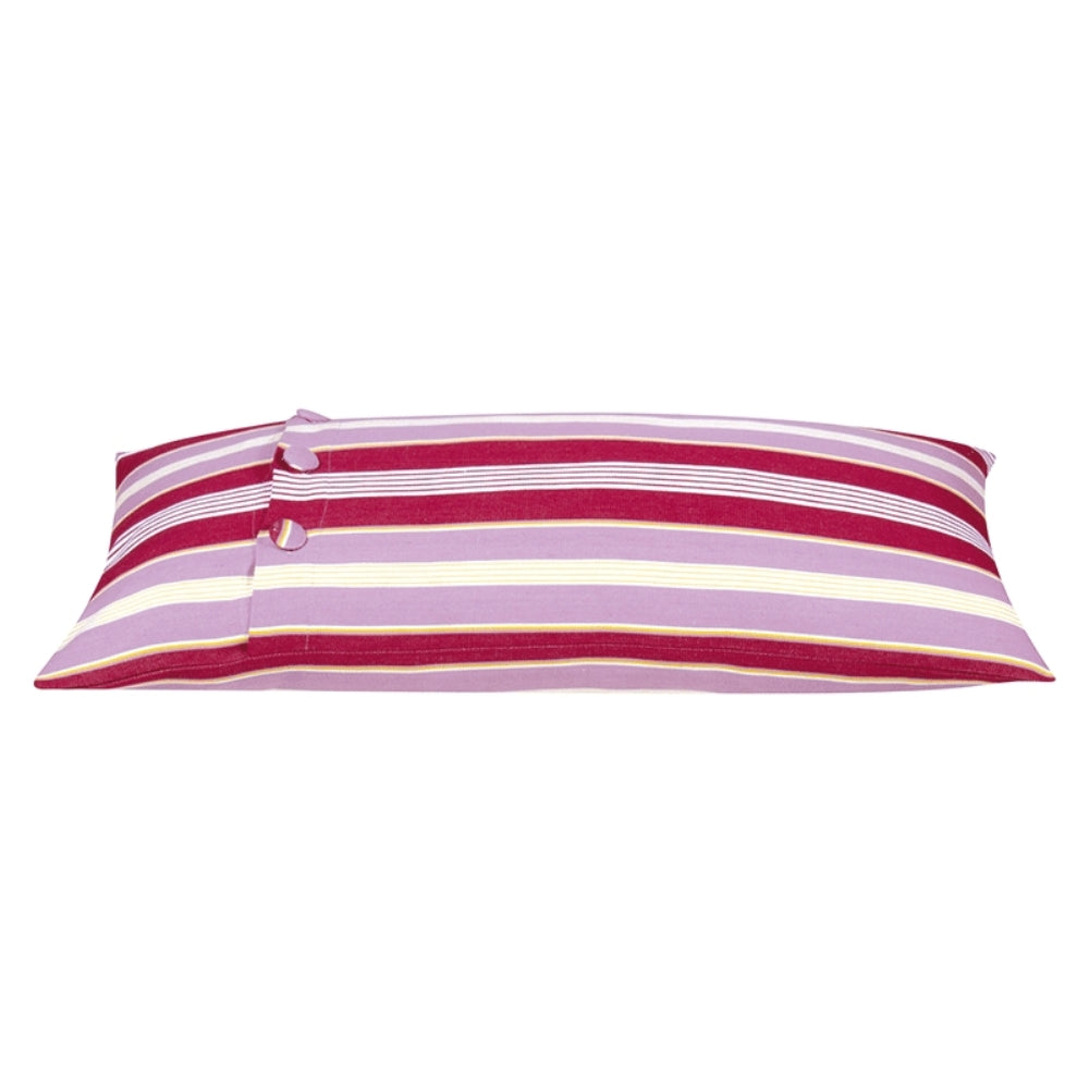 Striped cushion cover with fuchsia, purple and white horizontal stripes, fabric ties