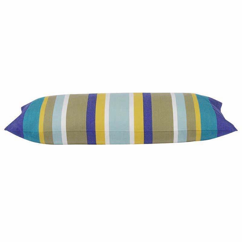 Multicoloured striped rectangular cushion cover, blue green yellow with knife-edge corners