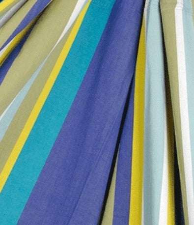 Close-up of multicoloured striped cushion cover fabric, teal blue yellow and white lines