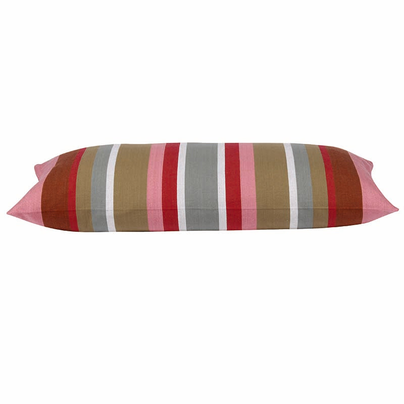 Striped rectangle cushion cover in rose pink, red, beige, gray and white stripes