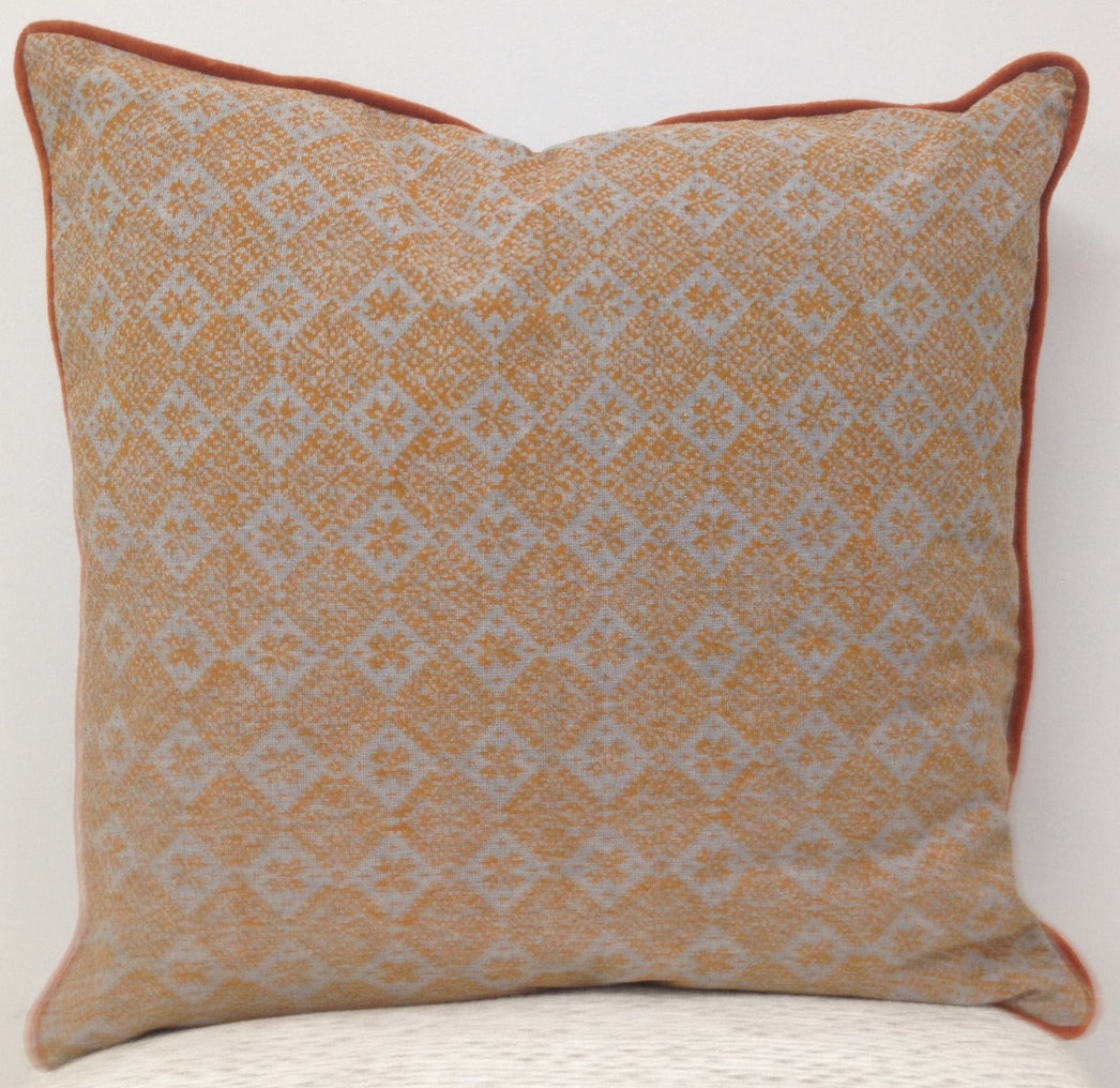 Azuk orange and grey cushion cover with geometric pattern, orange piping, front view