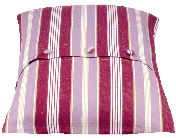 Striped cushion cover with fuchsia and cream vertical stripes, snap buttons and ties