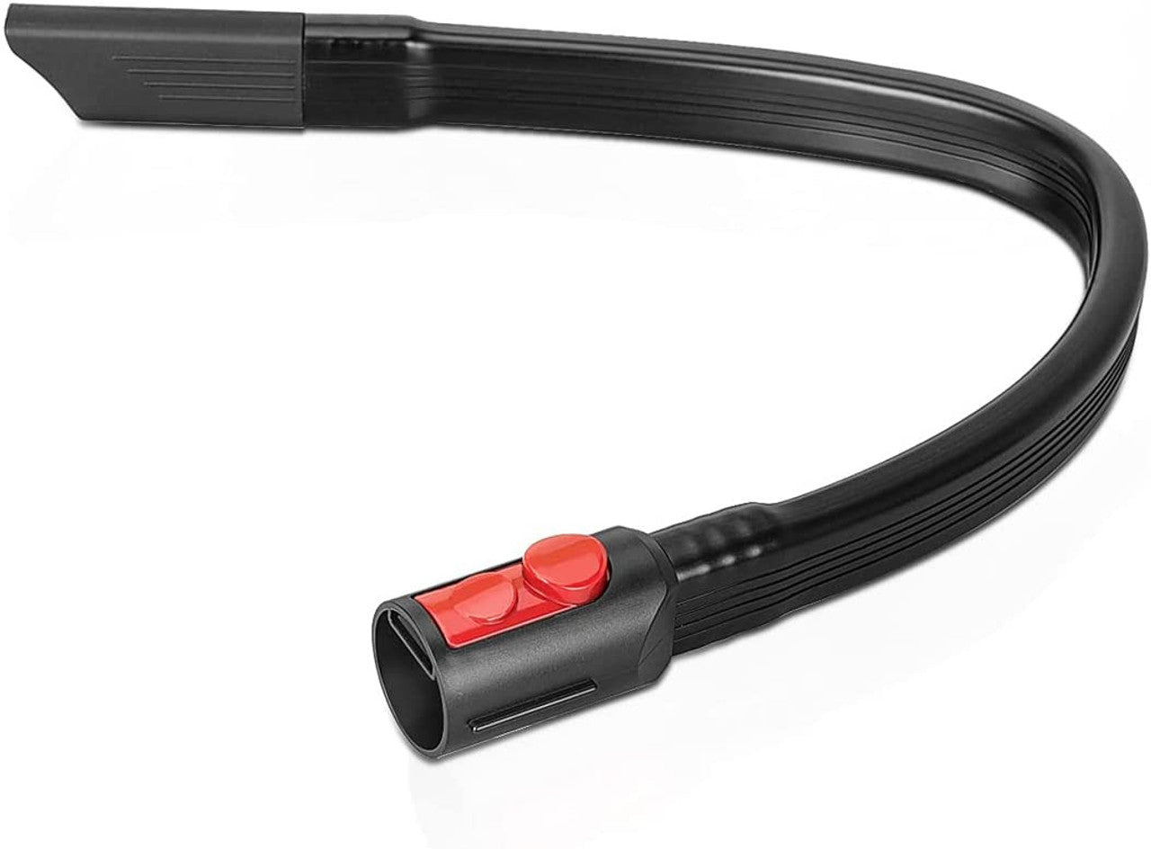 Flexible crevice tool with long curved nozzle and red control button, black
