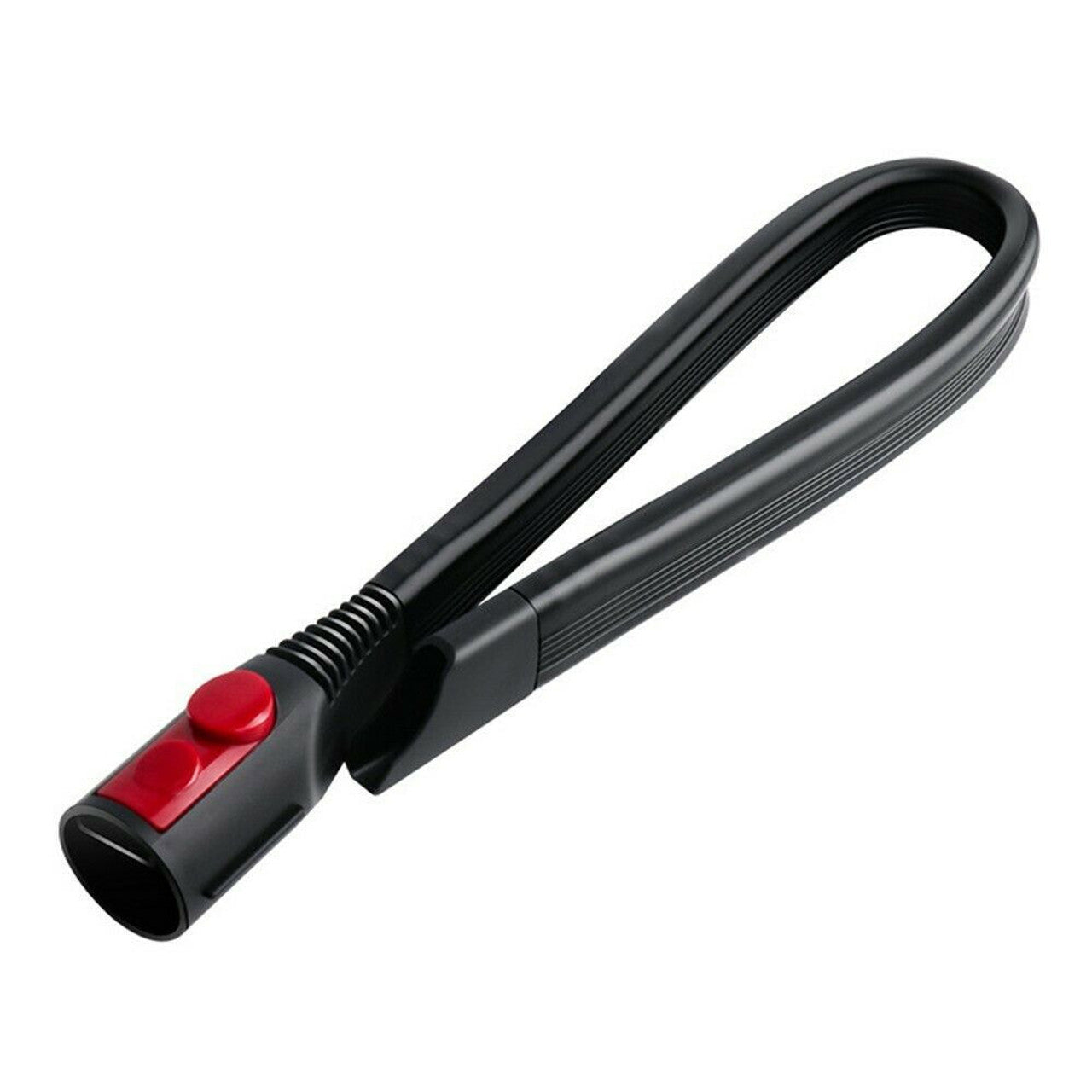 Long narrow crevice tool with red release button, ribbed black hose attachment