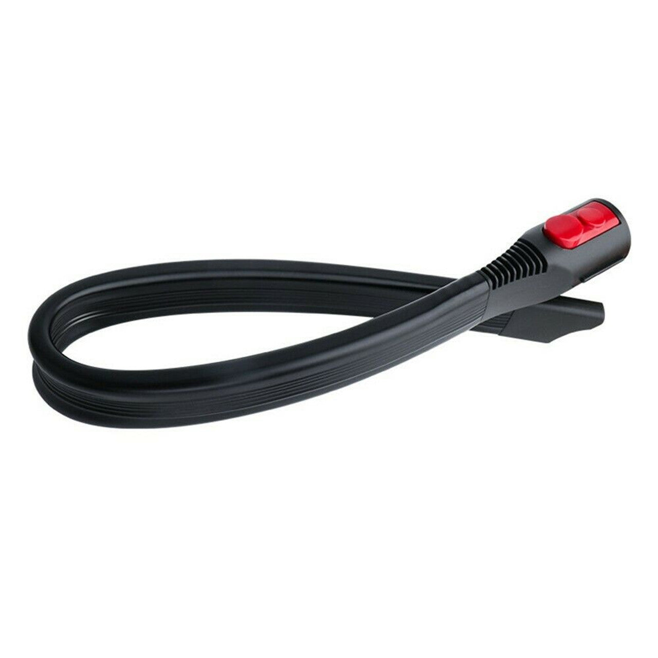 Flexible crevice tool attachment with red button on handle, ribbed black tube