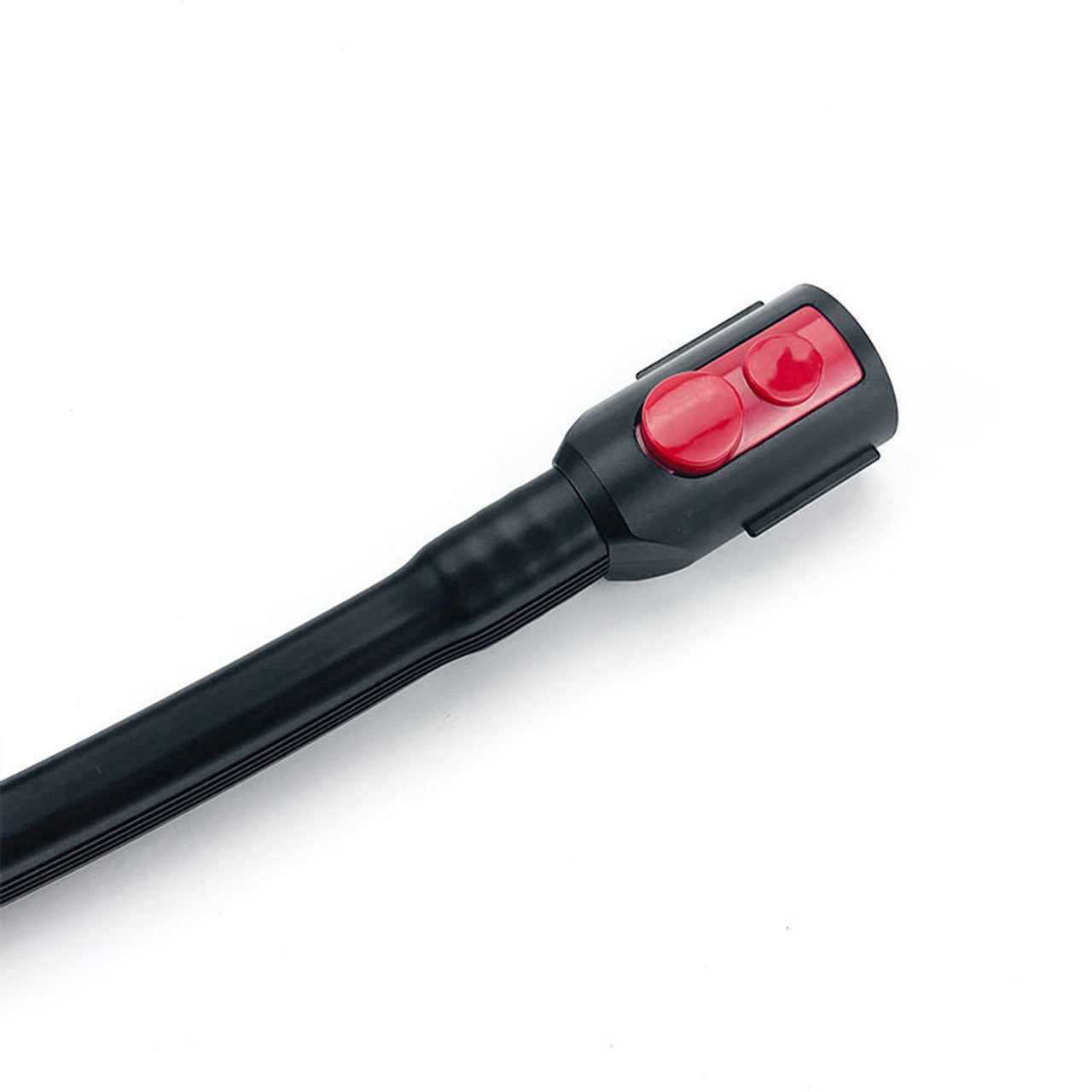 Crevice tool handle with two red buttons and black ribbed tube