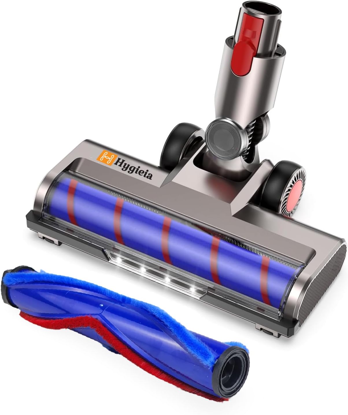 Vacuum floor brush attachment with silver housing and blue brush roller