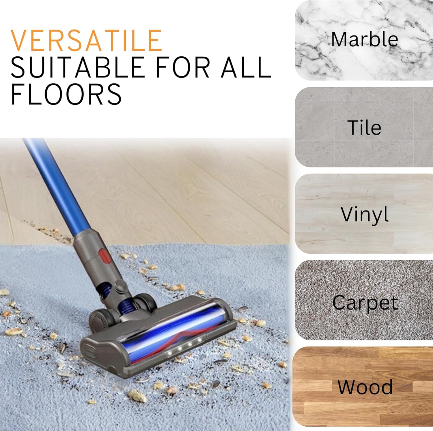 Vacuum floor brush head with blue and black housing, angled for edge cleaning