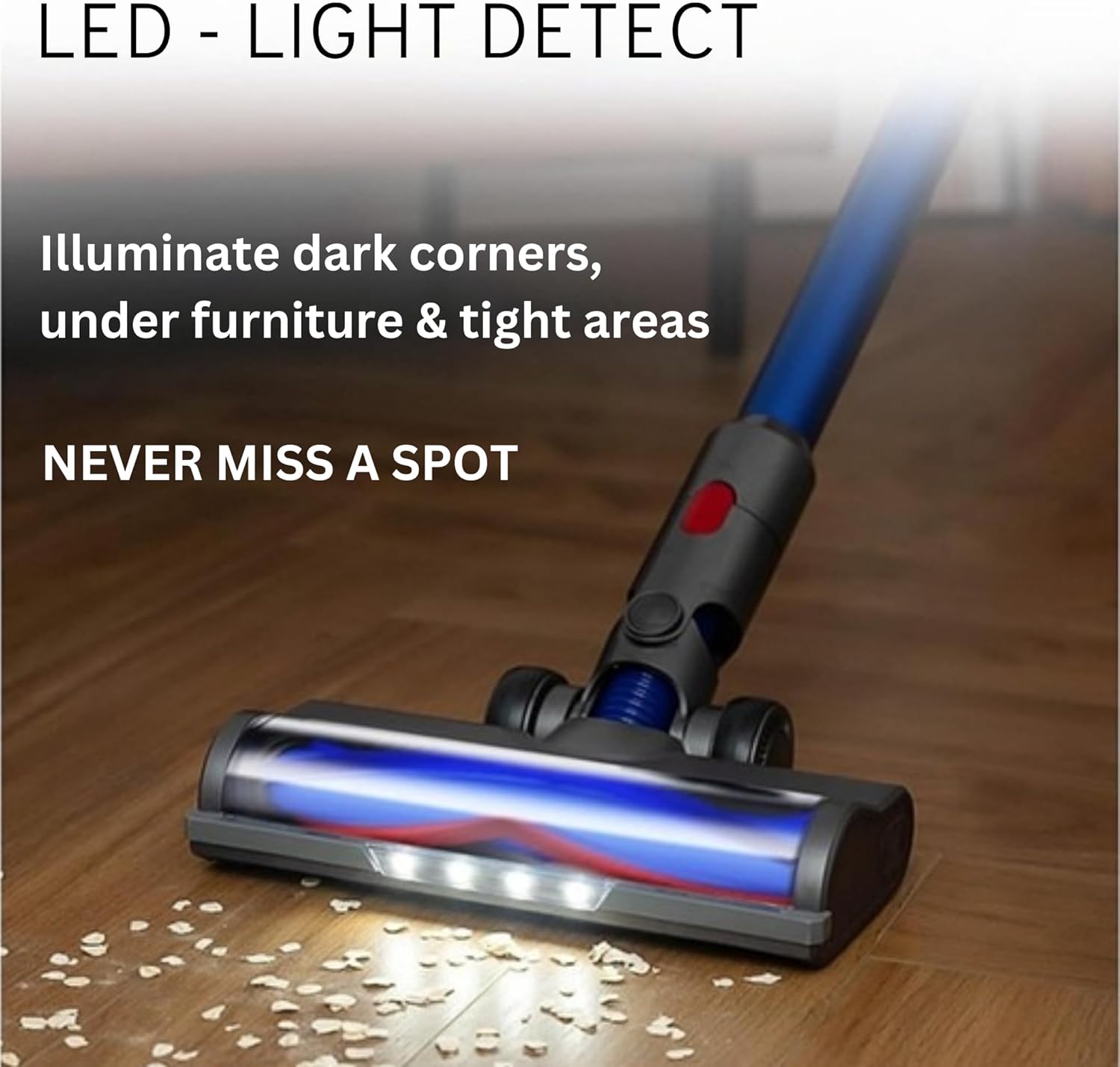 LED-lit vacuum floor brush with blue accents and wide cleaning nozzle