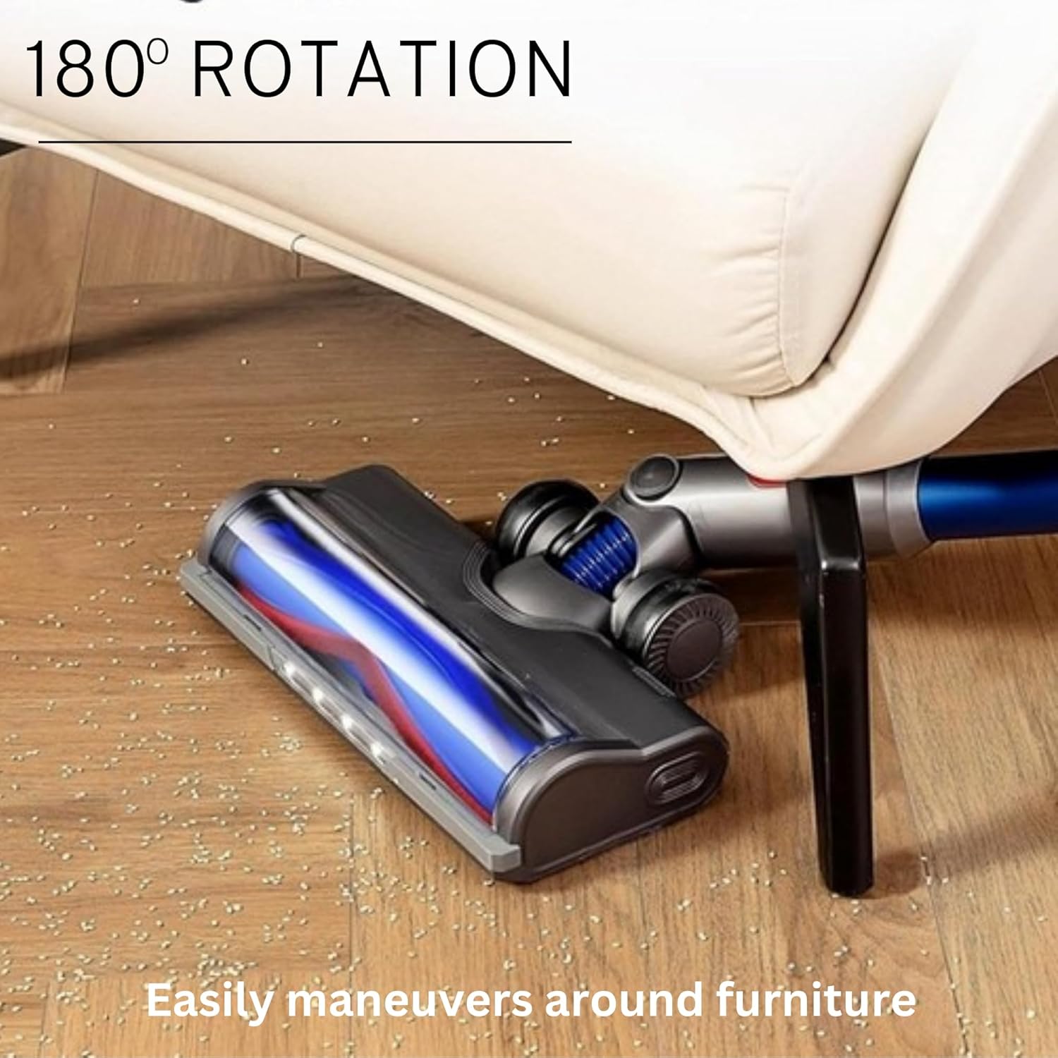 Low-profile vacuum floor brush head with blue roller and rotating nozzle