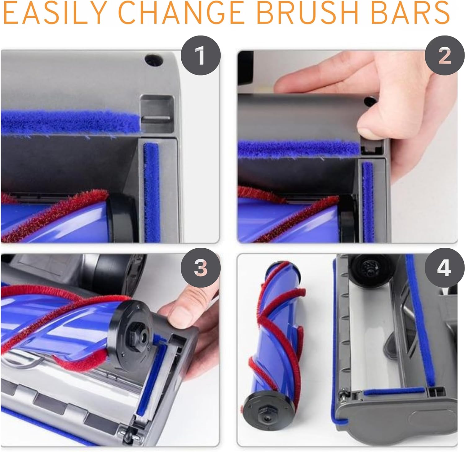 Vacuum brush bar compartment showing blue and red removable bristles