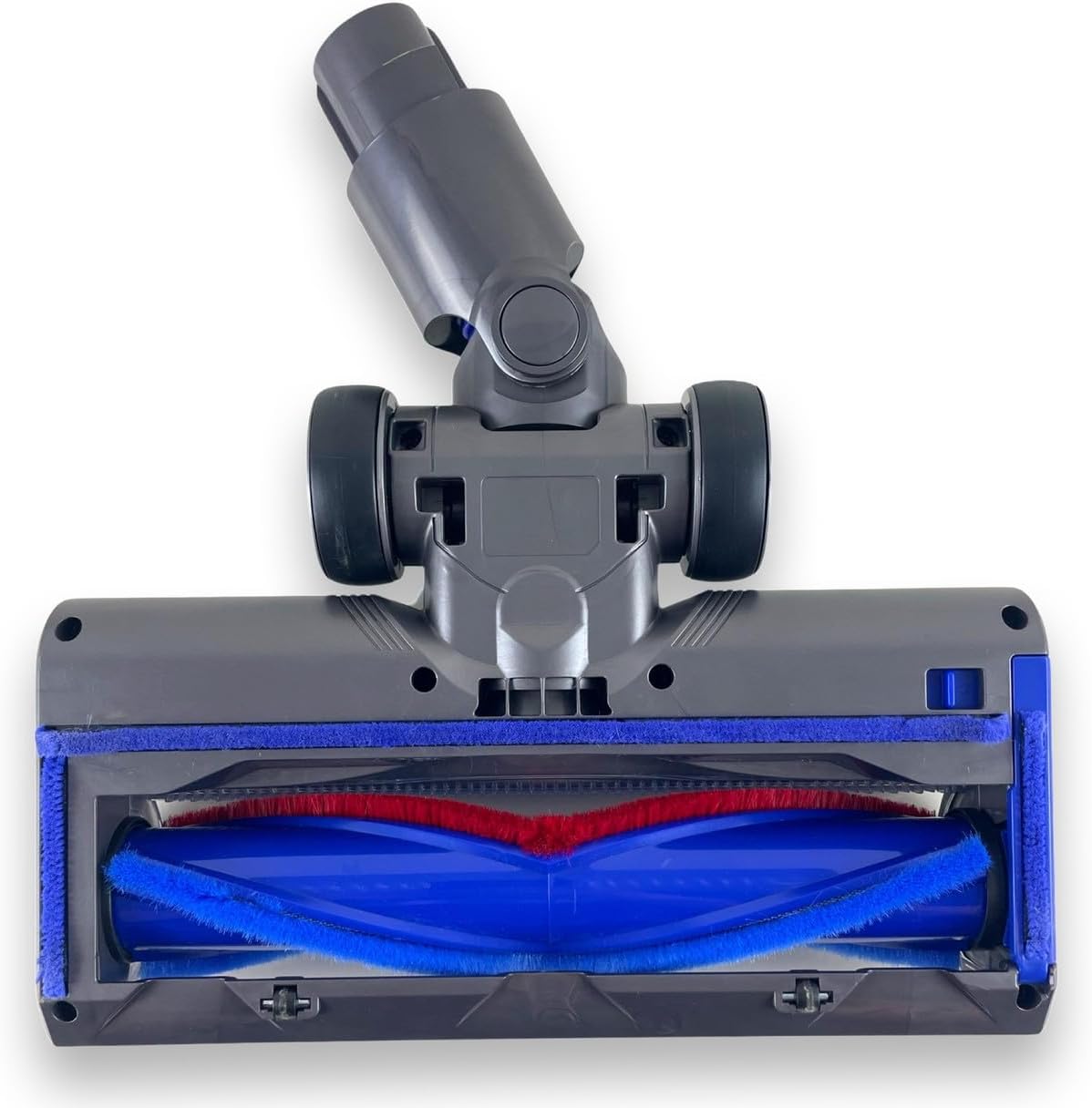 Front view of vacuum floor brush with blue and red bristle roller