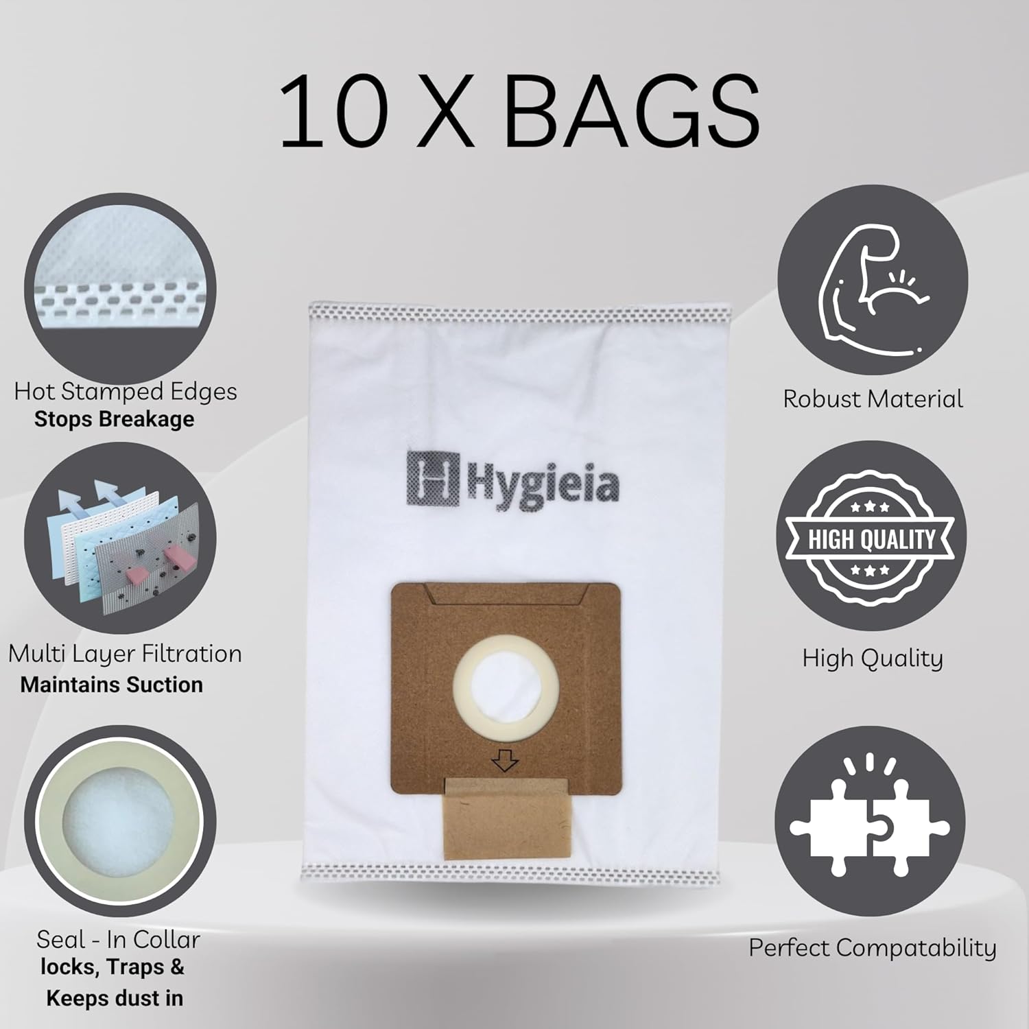 10-pack vacuum dust bags with white outer, brown filter panel, round inlet window.
