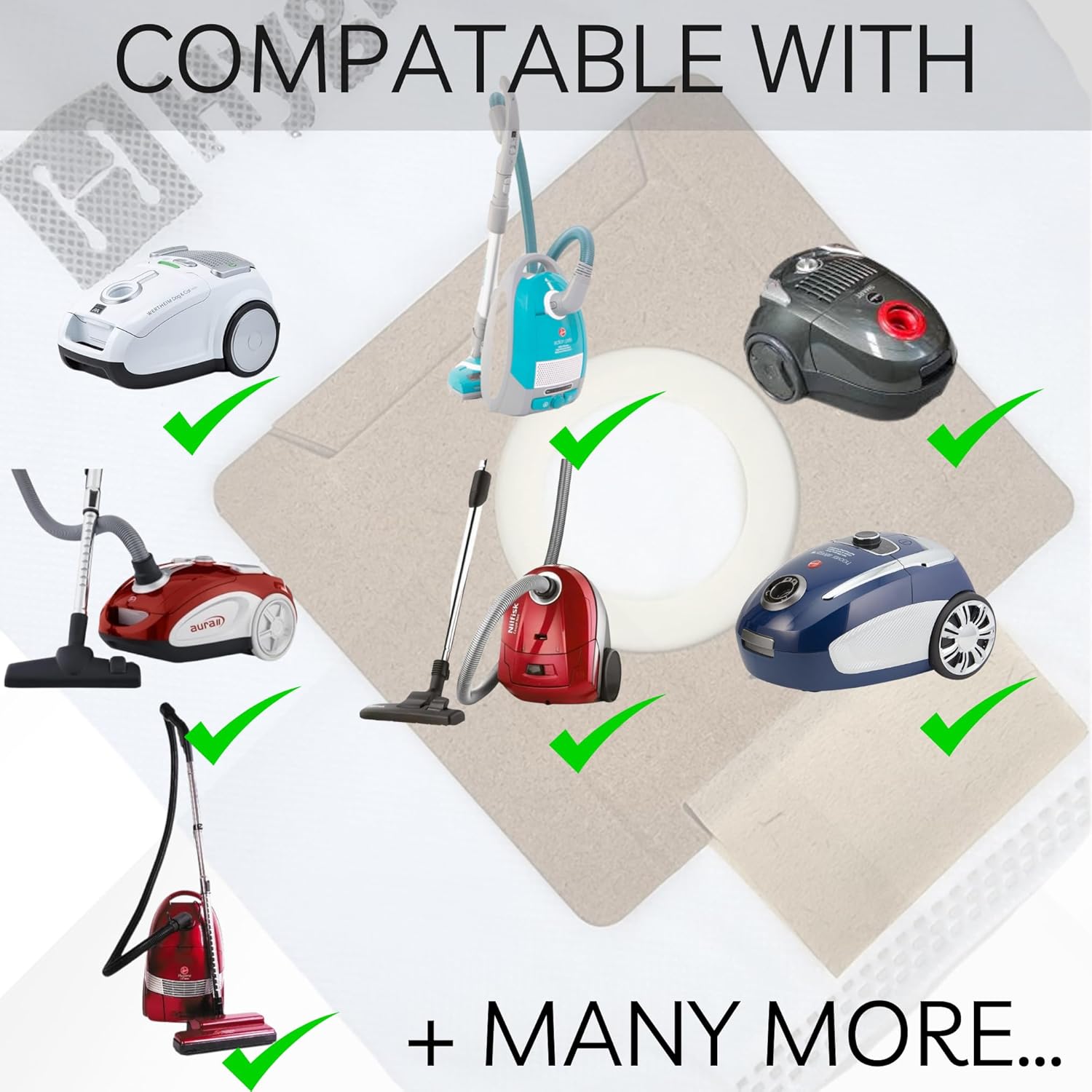 Compatible vacuum dust bags set with white bags and brown filter inserts.