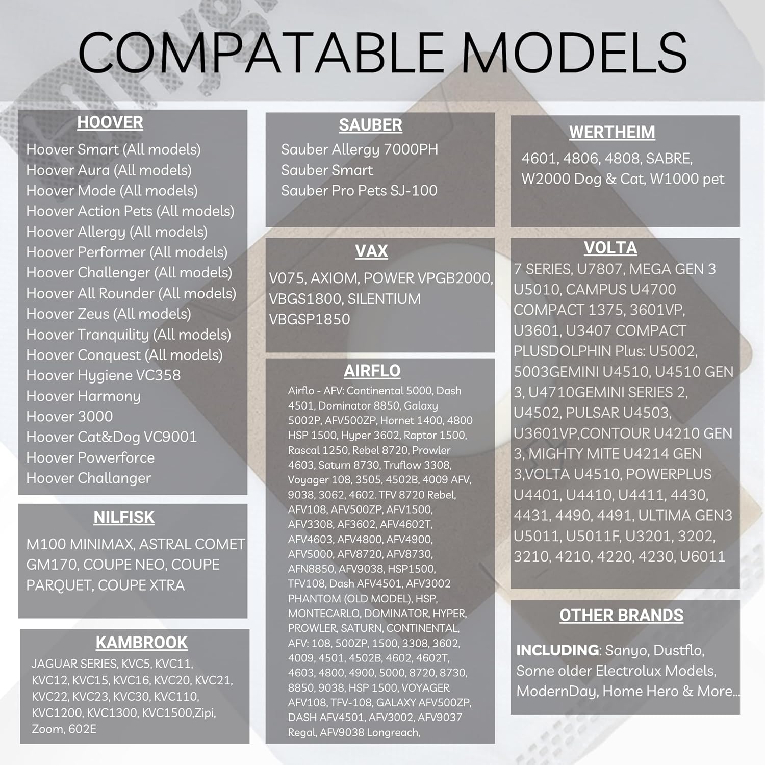 Vacuum dust bag compatibility list on packaging card for 10-pack bags.