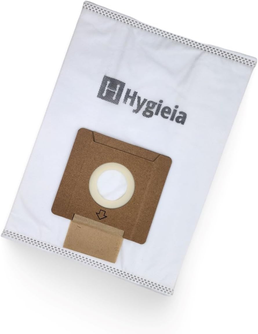 White vacuum dust bag with brown filter panel and circular suction port.