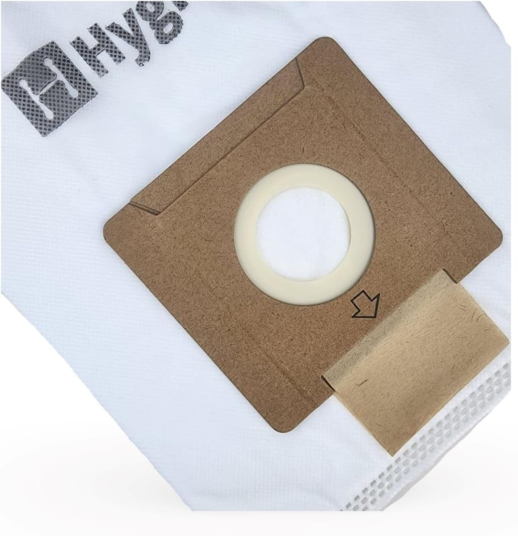 Dust vacuum bag with round suction opening and paper collar, brown filter window.