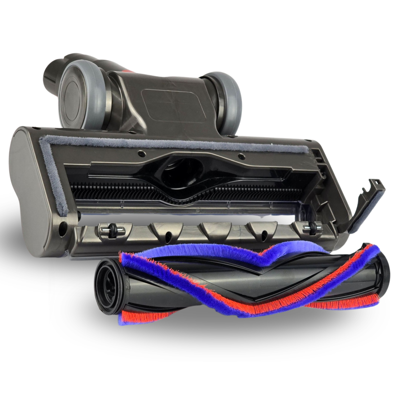 Vacuum powerhead nozzle with exposed brush roller and protective pads