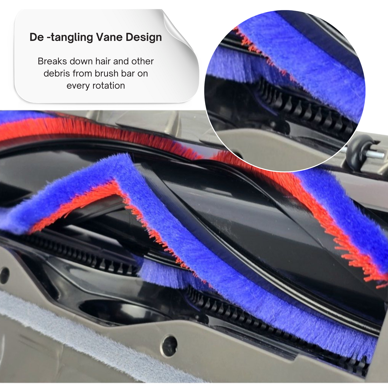 Close-up of vacuum powerhead brush bar with blue bristles and red edges